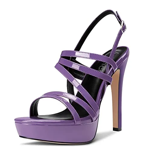 Aachcol Women Sandals Platform Peep Open Toe Backstrap Ankle Strap Slingback Stiletto High Heel Dress Shoes Pumps Wedding Patent Purple 5 Inch 8 US