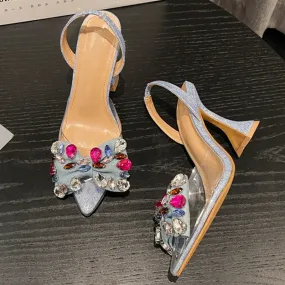 binfenxie Fashion Denim Bowknot Crystal Pumps Sexy Pointed Toe High Heel Women Sandals Prom Party Spring Shoes