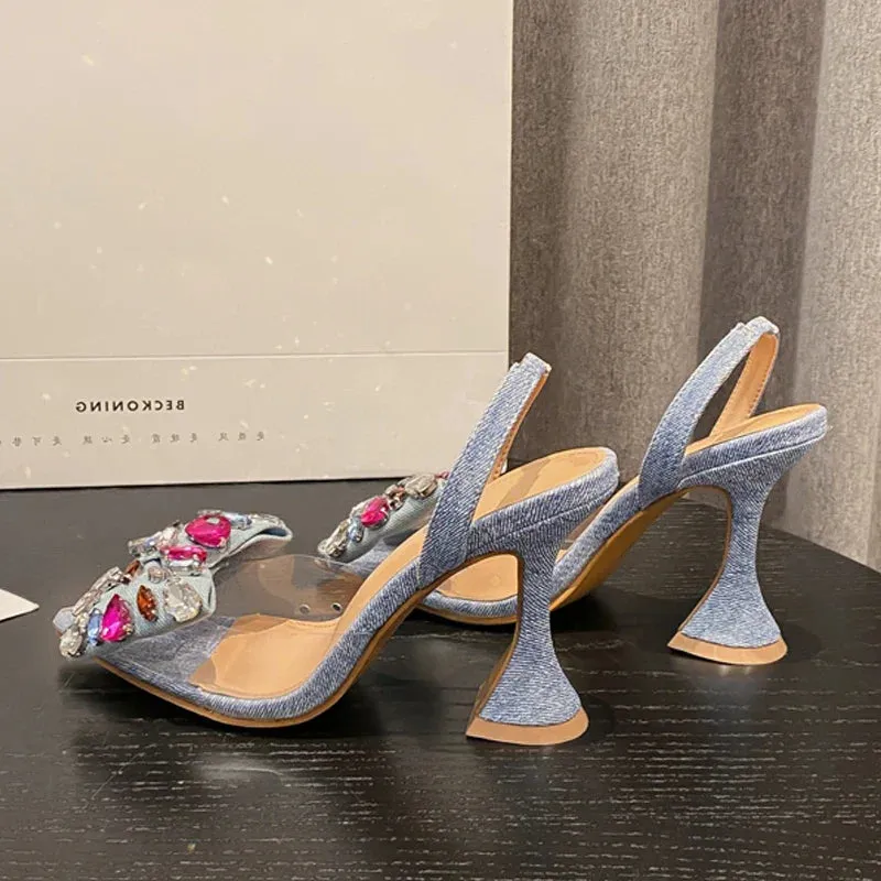 binfenxie Fashion Denim Bowknot Crystal Pumps Sexy Pointed Toe High Heel Women Sandals Prom Party Spring Shoes