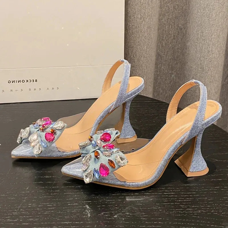 binfenxie Fashion Denim Bowknot Crystal Pumps Sexy Pointed Toe High Heel Women Sandals Prom Party Spring Shoes