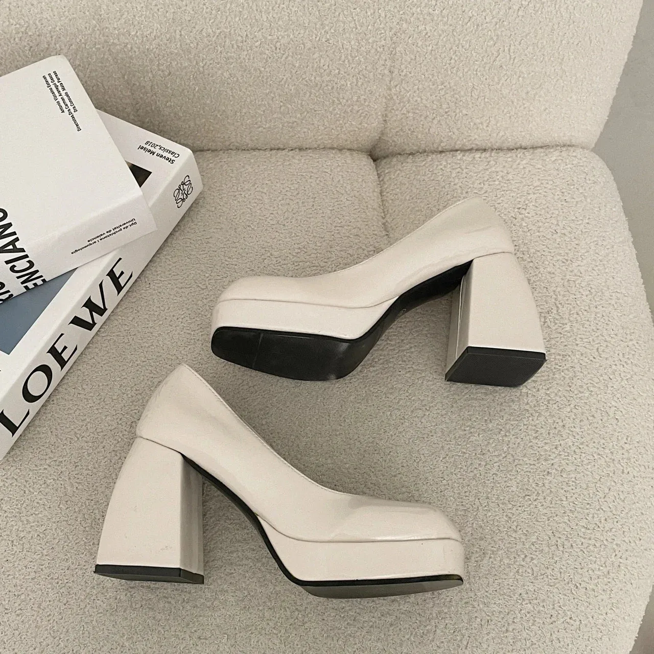 binfenxie Platform Heel Chunky Shoes Women Retro Pumps Women Fashion Slip On Shallow Party Women's Square High Heel Shoes