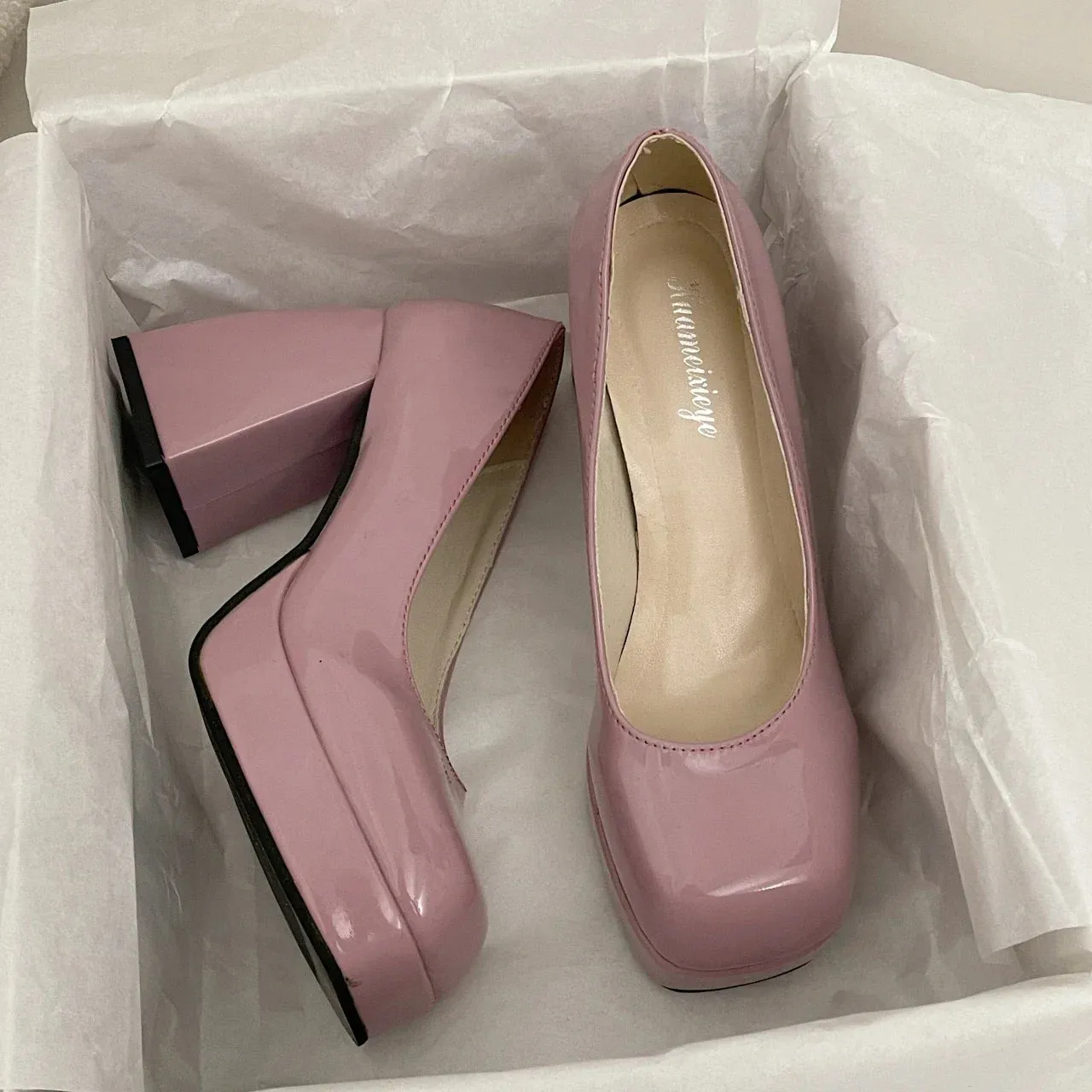 binfenxie Platform Heel Chunky Shoes Women Retro Pumps Women Fashion Slip On Shallow Party Women's Square High Heel Shoes