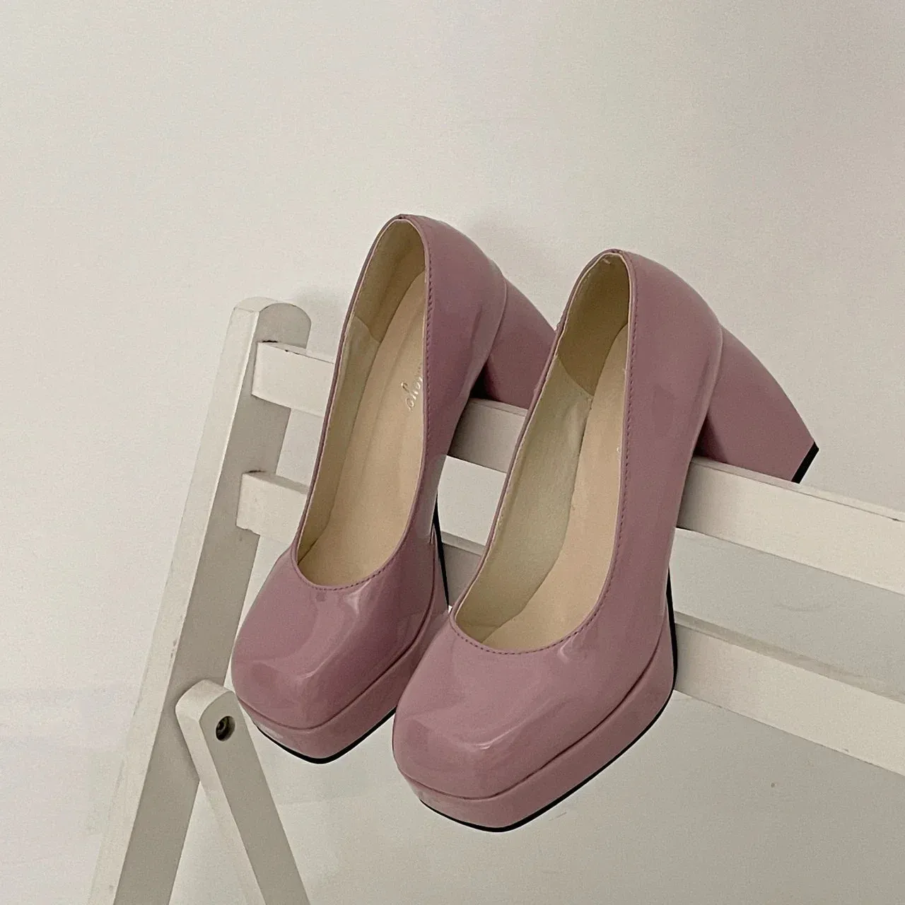 binfenxie Platform Heel Chunky Shoes Women Retro Pumps Women Fashion Slip On Shallow Party Women's Square High Heel Shoes