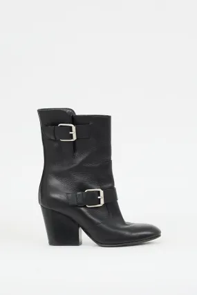 Black Leather Buckled Mid Calf Boot