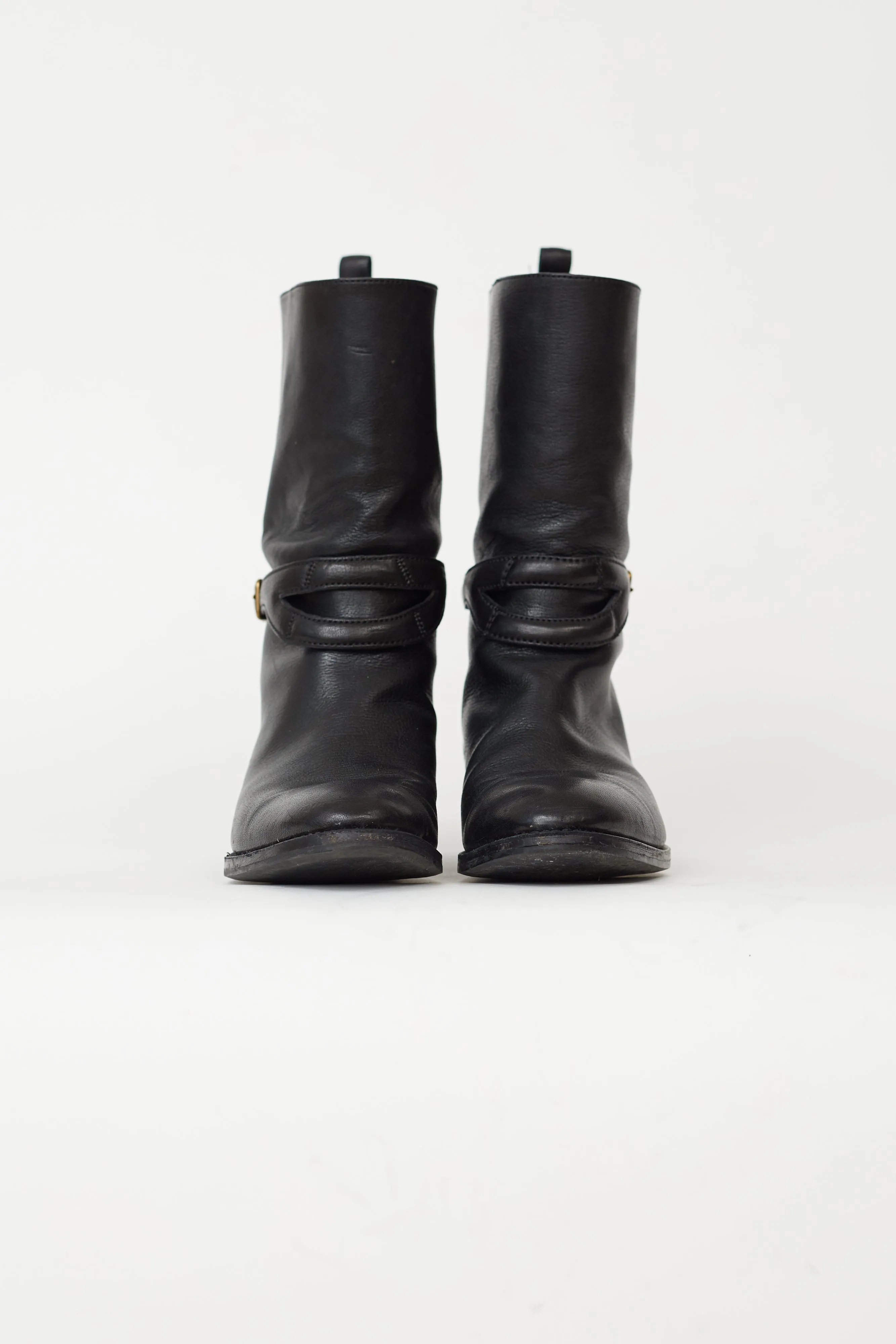 Black Leather Gold-Tone Buckle Boot
