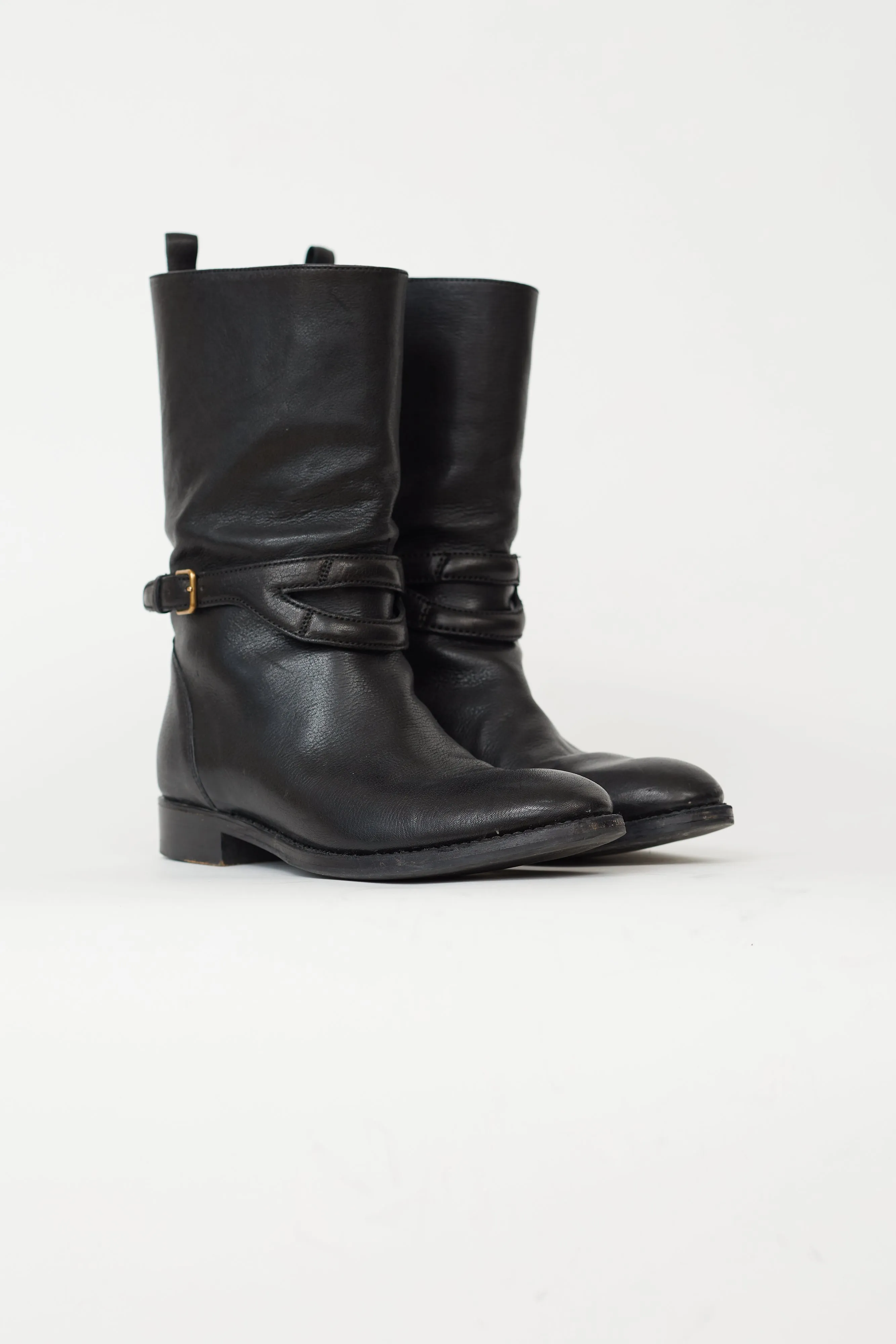 Black Leather Gold-Tone Buckle Boot