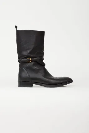 Black Leather Gold-Tone Buckle Boot