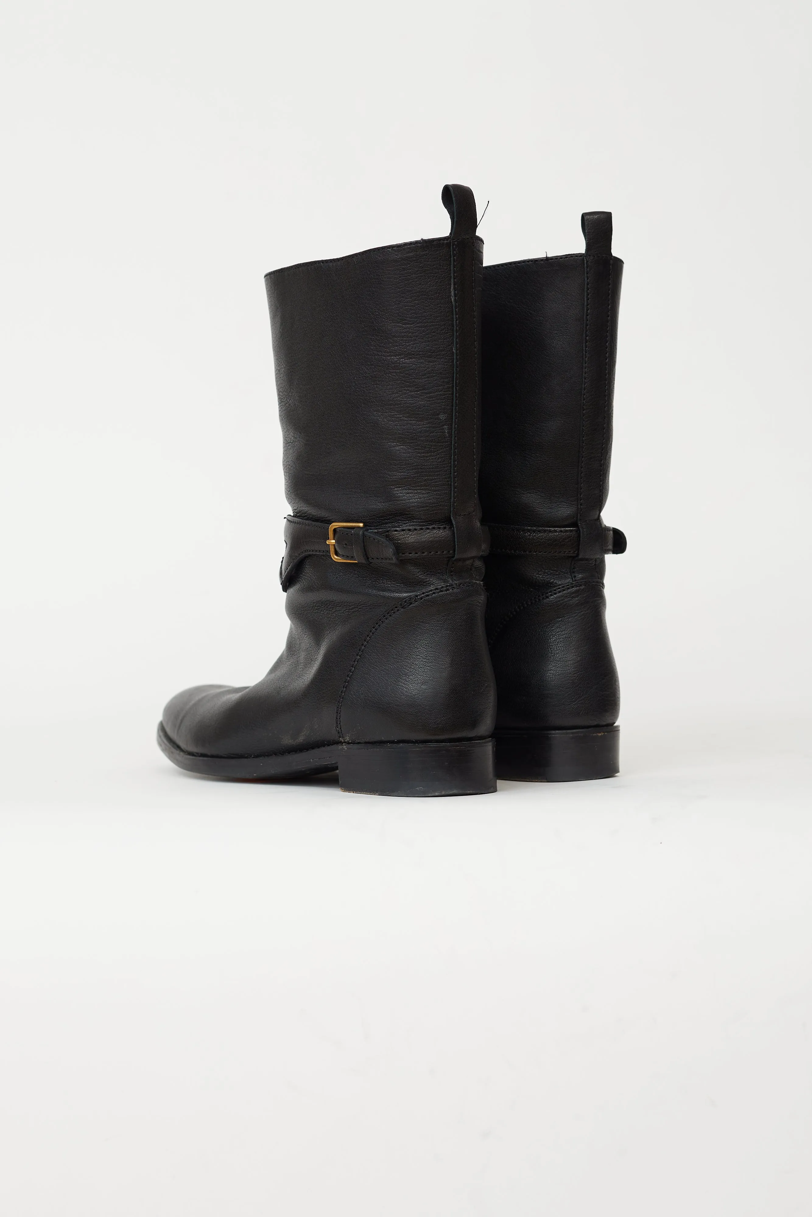 Black Leather Gold-Tone Buckle Boot