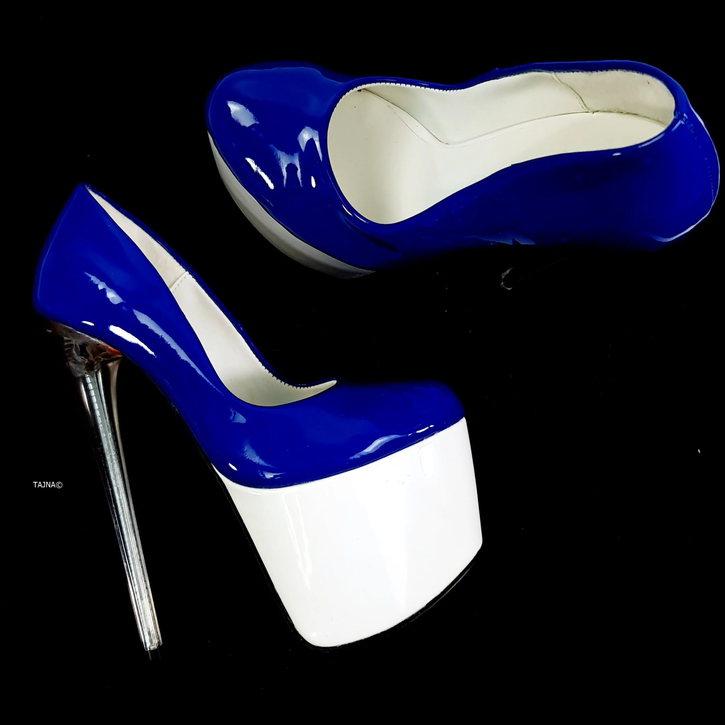 Blue White Double Gloss High Heel Pumps