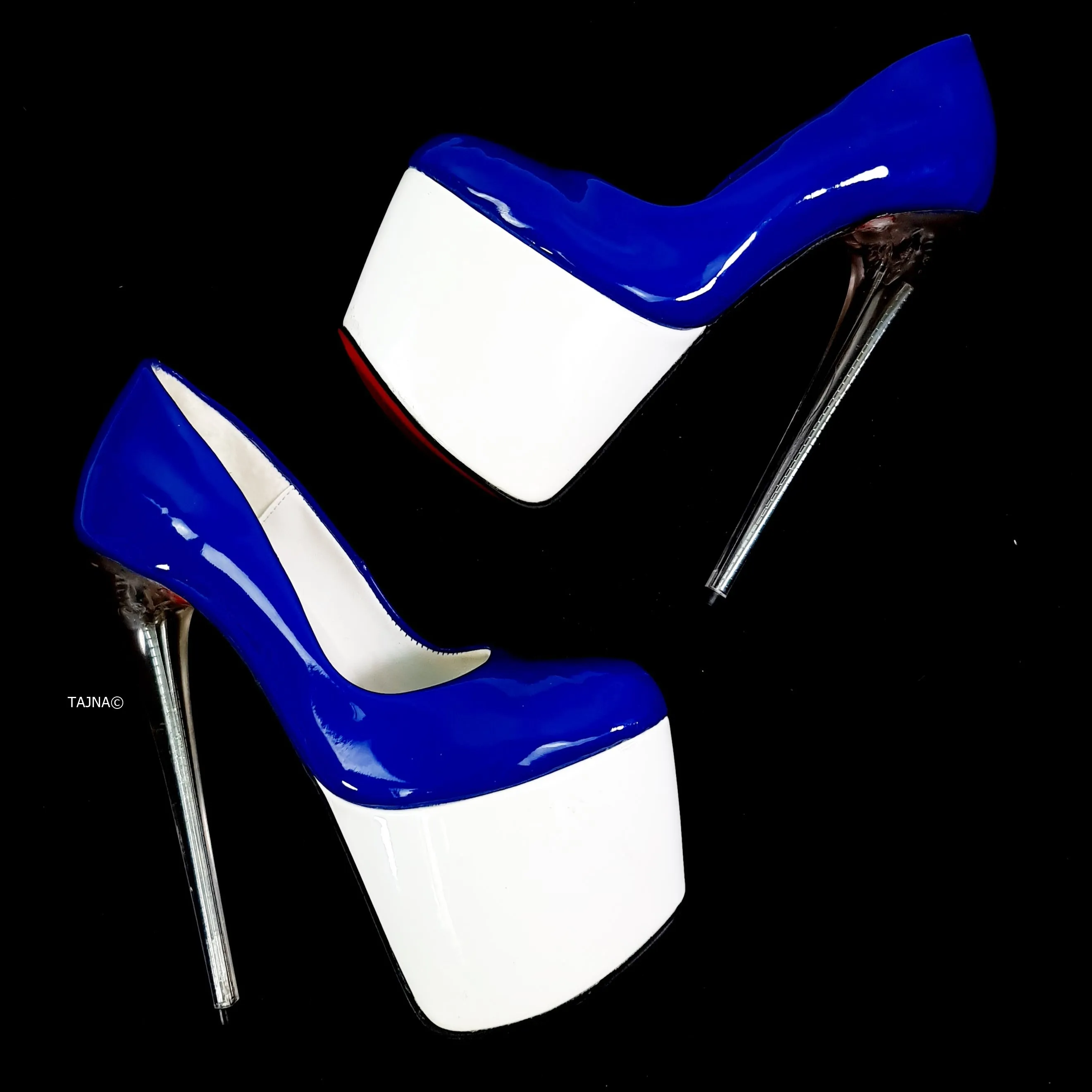 Blue White Double Gloss High Heel Pumps