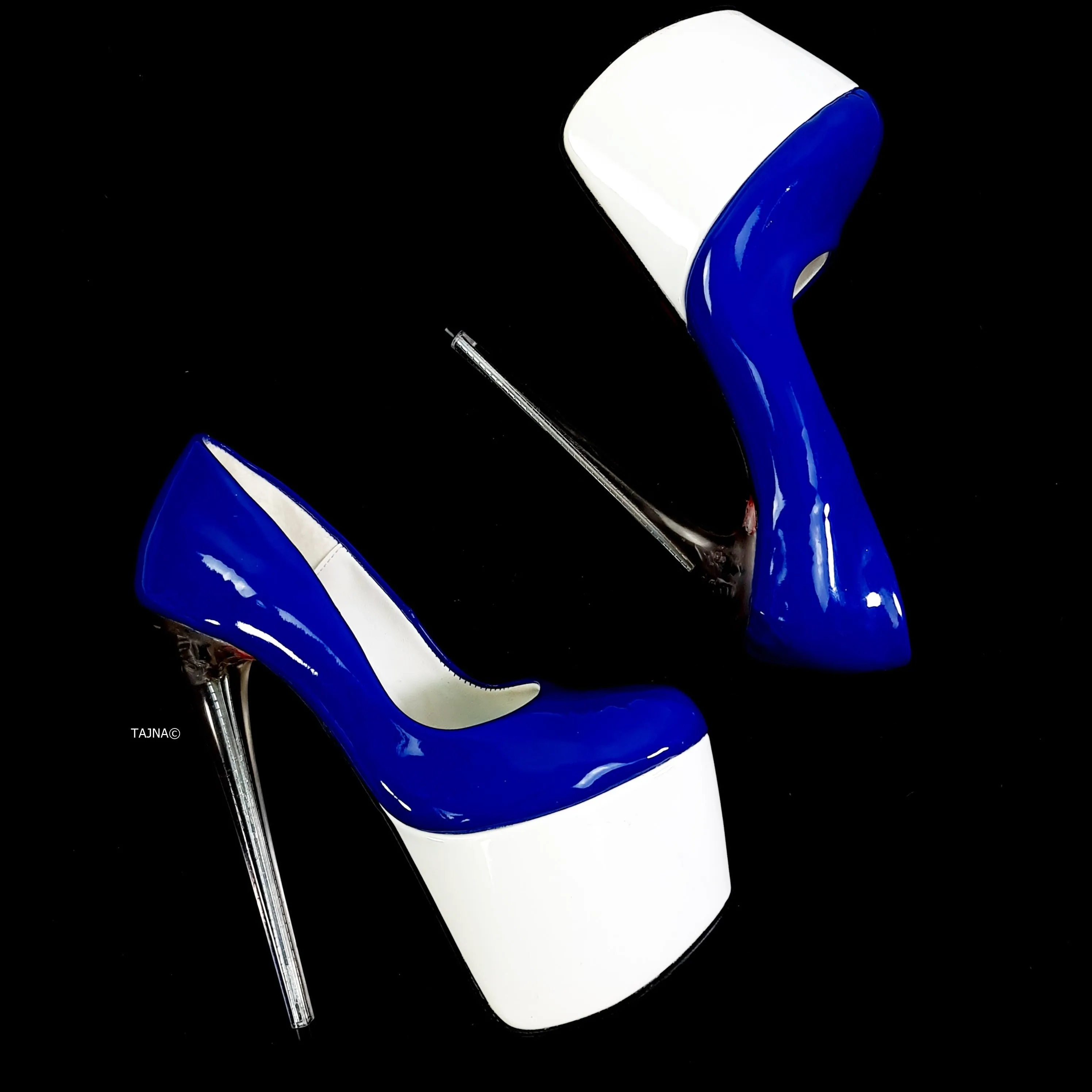 Blue White Double Gloss High Heel Pumps