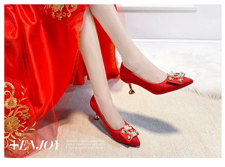 Bride Wedding Shoes Pointed Square Heel High Heels Red Rhinestone Pearl Pumps Womens Shoes