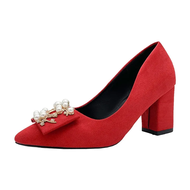 Bride Wedding Shoes Pointed Square Heel High Heels Red Rhinestone Pearl Pumps Womens Shoes