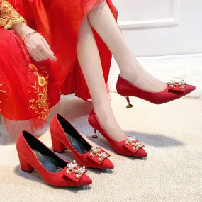 Bride Wedding Shoes Pointed Square Heel High Heels Red Rhinestone Pearl Pumps Womens Shoes