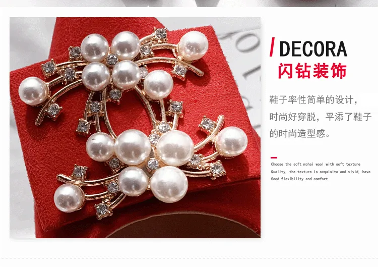 Bride Wedding Shoes Pointed Square Heel High Heels Red Rhinestone Pearl Pumps Womens Shoes