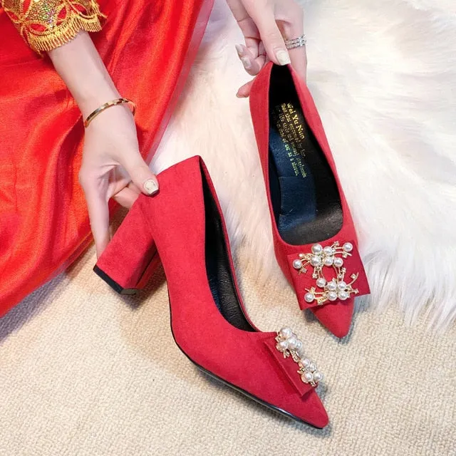Bride Wedding Shoes Pointed Square Heel High Heels Red Rhinestone Pearl Pumps Womens Shoes