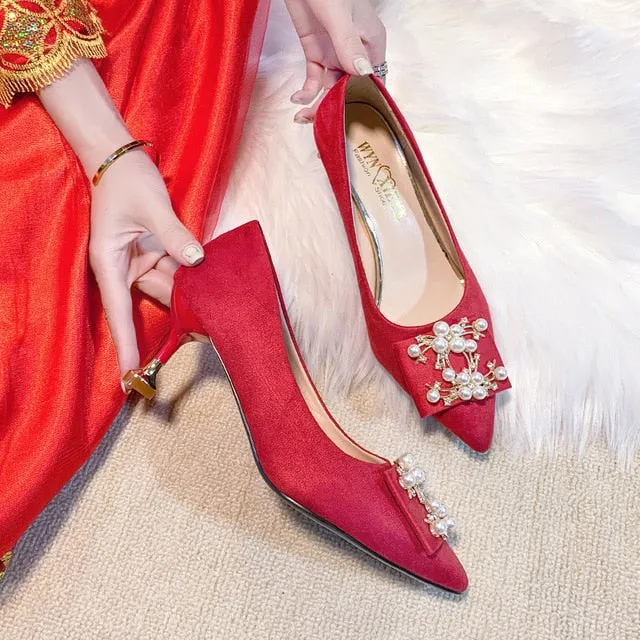 Bride Wedding Shoes Pointed Square Heel High Heels Red Rhinestone Pearl Pumps Womens Shoes