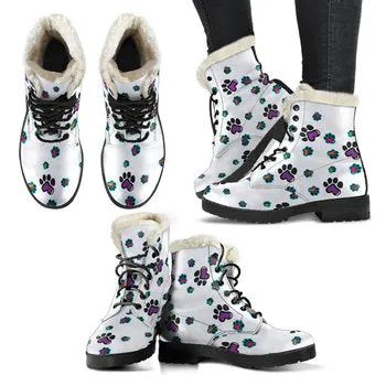 Dog Paw Print on Demand Artwork Women's Fur Trimmed Combat Style Boots