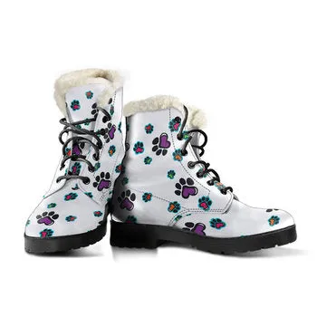 Dog Paw Print on Demand Artwork Women's Fur Trimmed Combat Style Boots