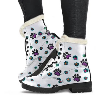 Dog Paw Print on Demand Artwork Women's Fur Trimmed Combat Style Boots