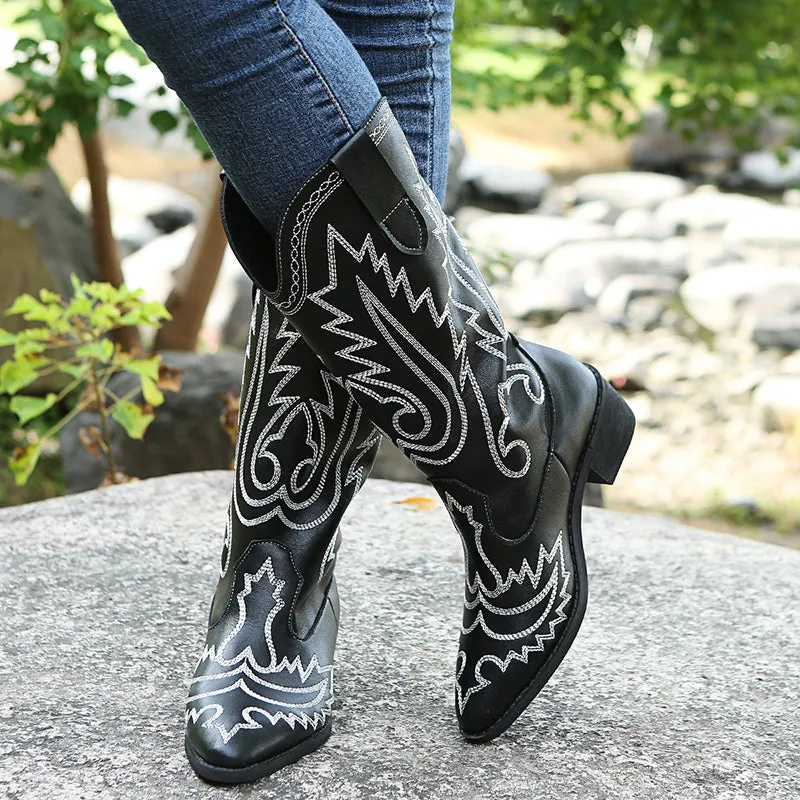 Embroidered cowboy boots pointed toe chunky heel mid calf boots