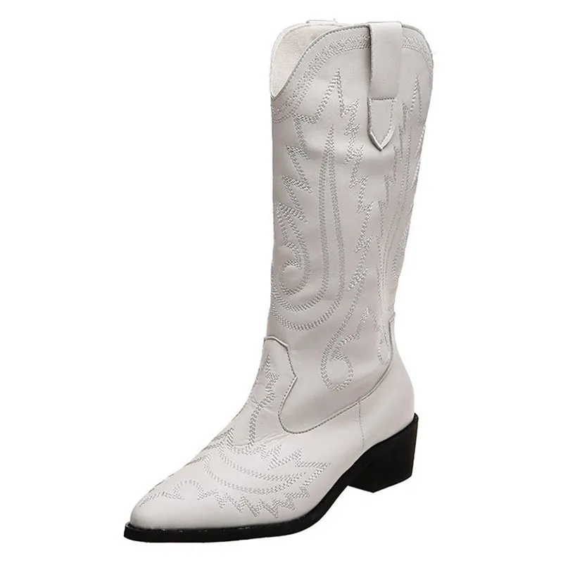 Embroidered cowboy boots pointed toe chunky heel mid calf boots