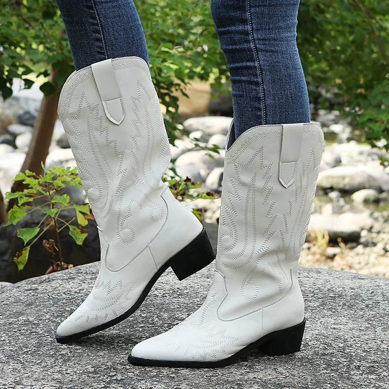Embroidered cowboy boots pointed toe chunky heel mid calf boots