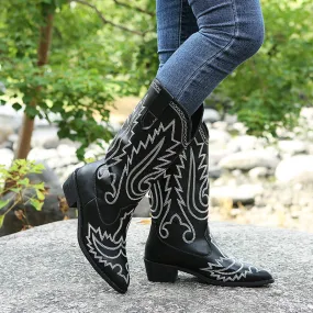 Embroidered cowboy boots pointed toe chunky heel mid calf boots