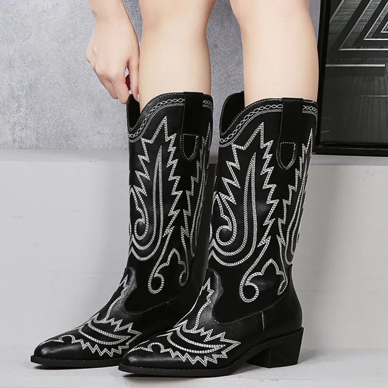 Embroidered cowboy boots pointed toe chunky heel mid calf boots