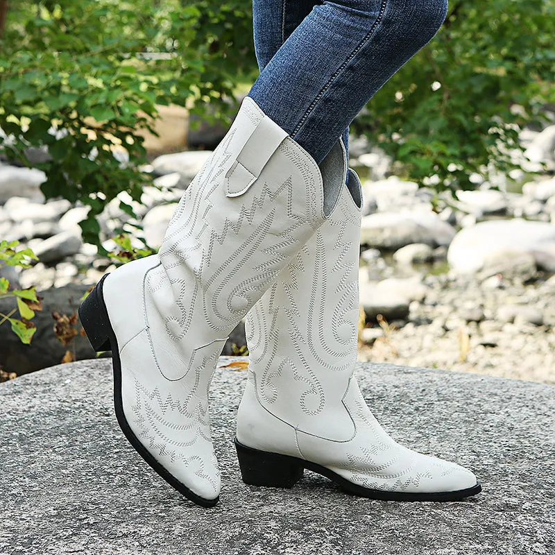 Embroidered cowboy boots pointed toe chunky heel mid calf boots