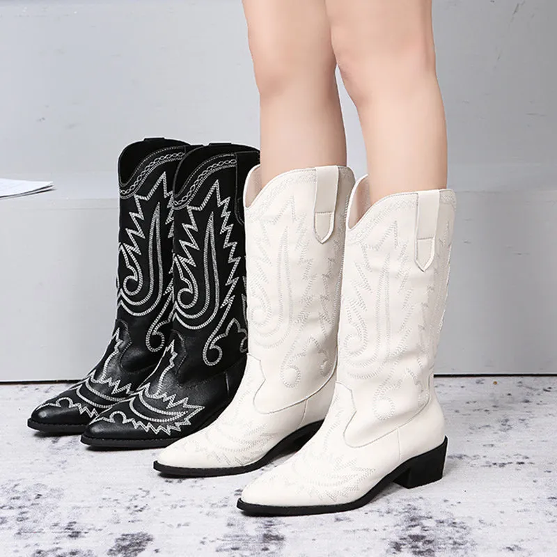 Embroidered cowboy boots pointed toe chunky heel mid calf boots