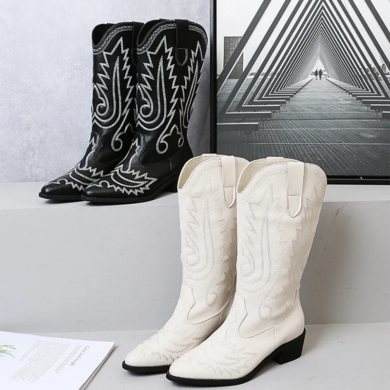 Embroidered cowboy boots pointed toe chunky heel mid calf boots