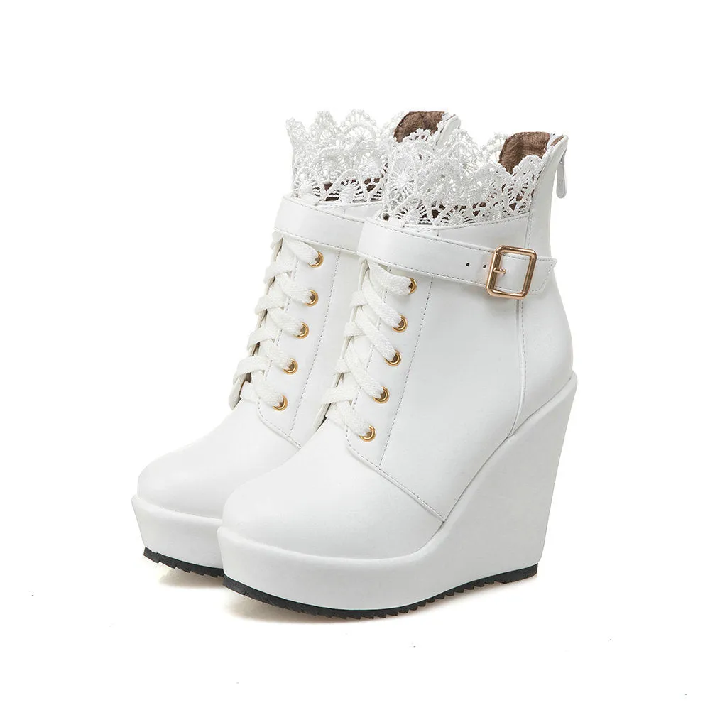 Floral lace stitching trim wedge heel ankle boots for women Lace-up wedge combat booties