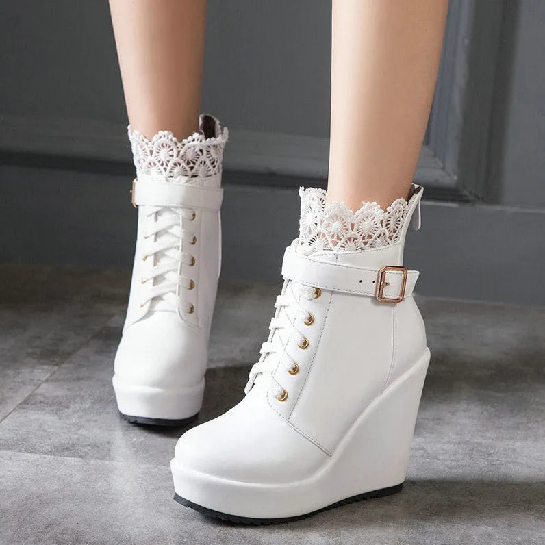 Floral lace stitching trim wedge heel ankle boots for women Lace-up wedge combat booties