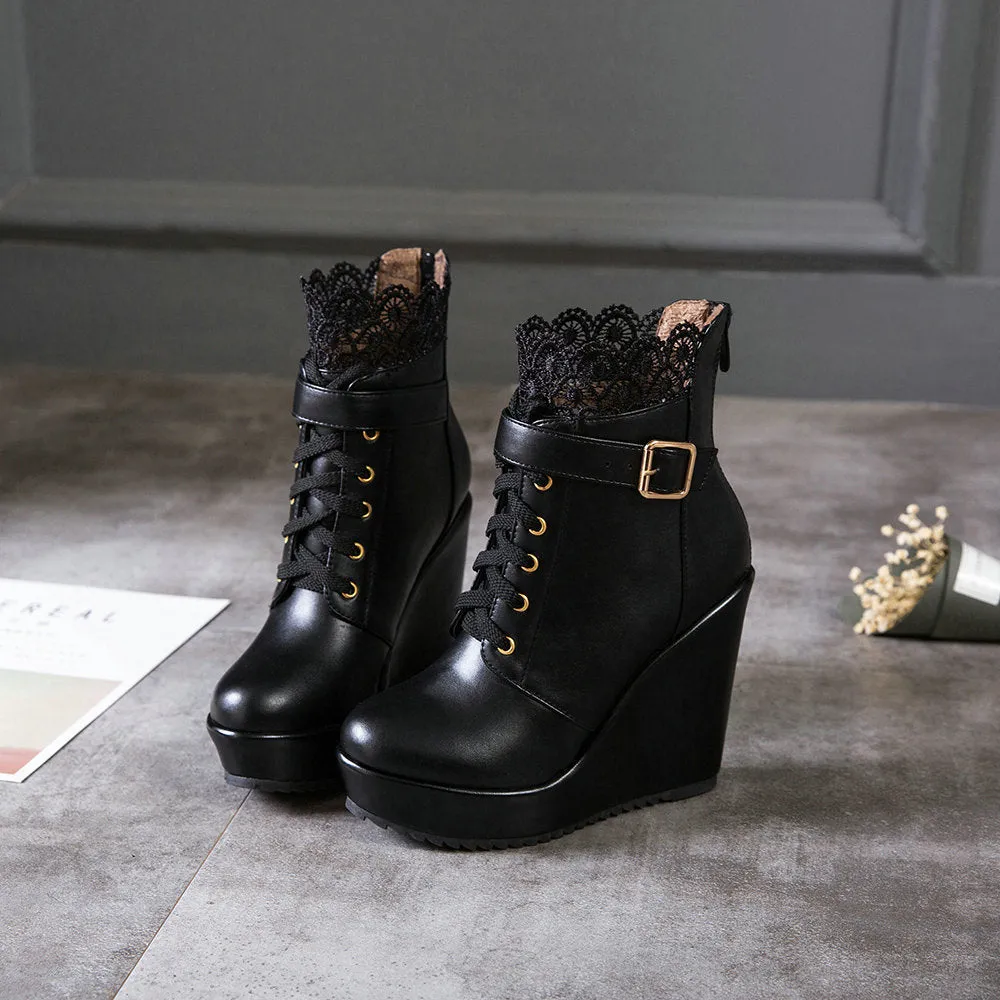 Floral lace stitching trim wedge heel ankle boots for women Lace-up wedge combat booties