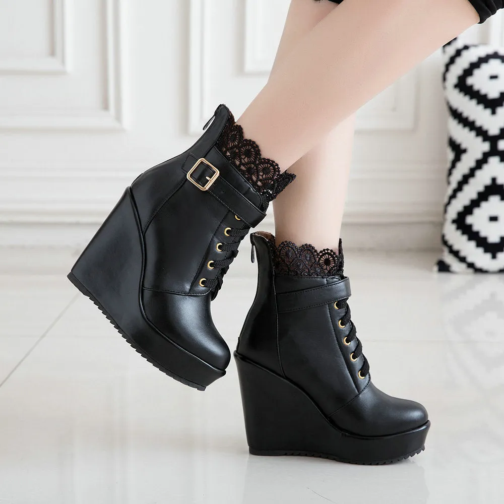 Floral lace stitching trim wedge heel ankle boots for women Lace-up wedge combat booties