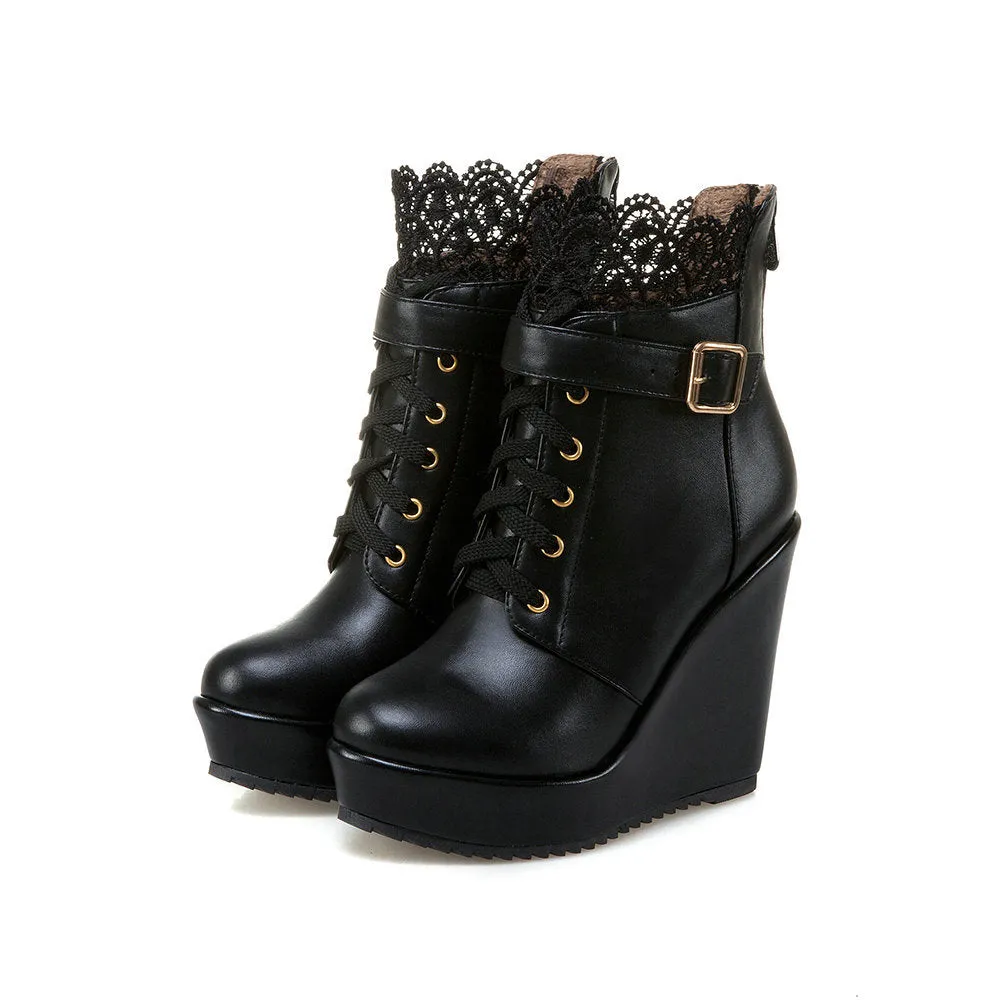 Floral lace stitching trim wedge heel ankle boots for women Lace-up wedge combat booties