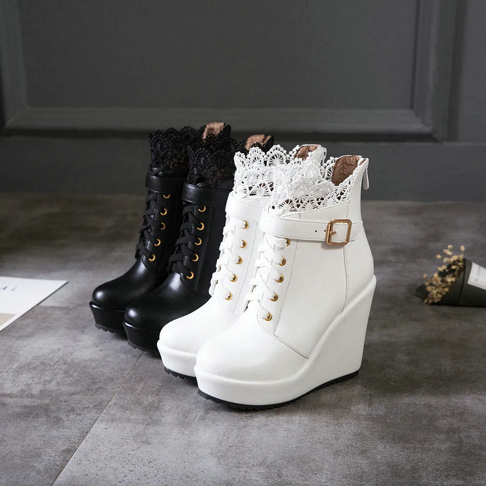 Floral lace stitching trim wedge heel ankle boots for women Lace-up wedge combat booties