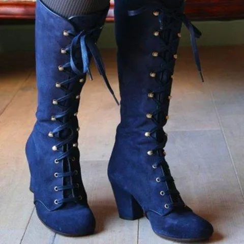 Heeled lace-up retro mid calf boots for women Lolita boots