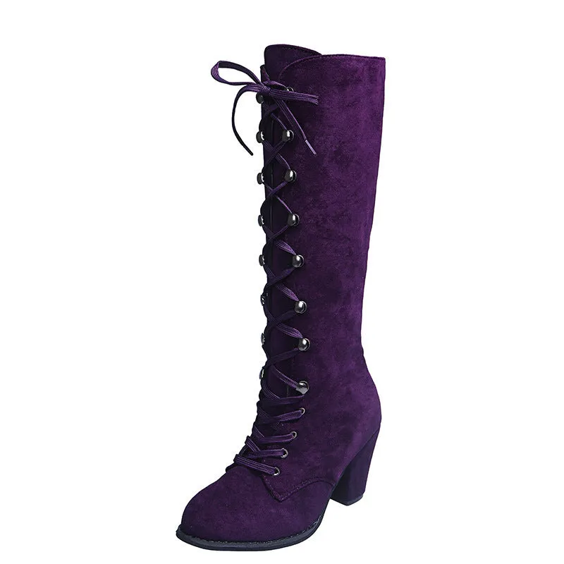 Heeled lace-up retro mid calf boots for women Lolita boots