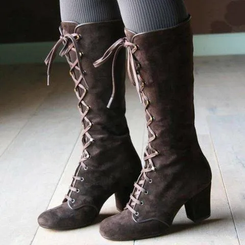 Heeled lace-up retro mid calf boots for women Lolita boots