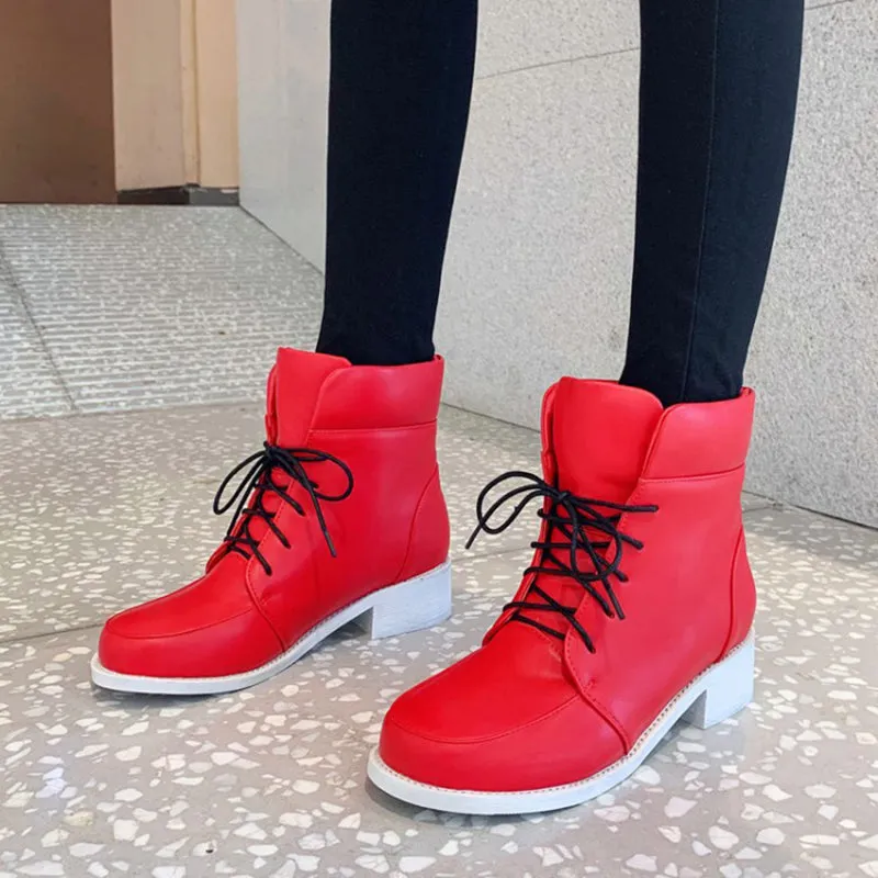 High cut chunky heels lace-up booties