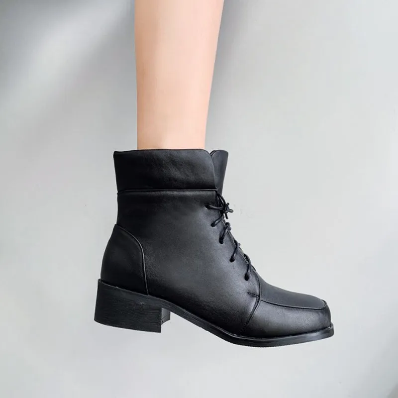 High cut chunky heels lace-up booties
