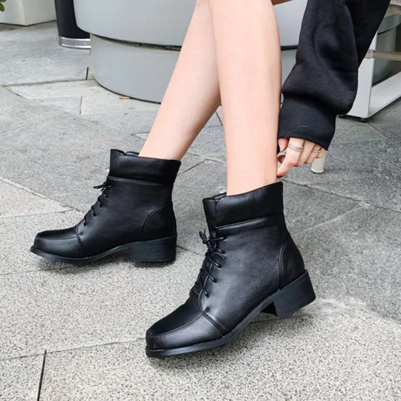 High cut chunky heels lace-up booties