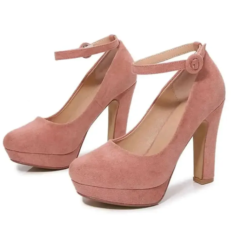 High Heel Suede Ankle Strap Platform Pumps
