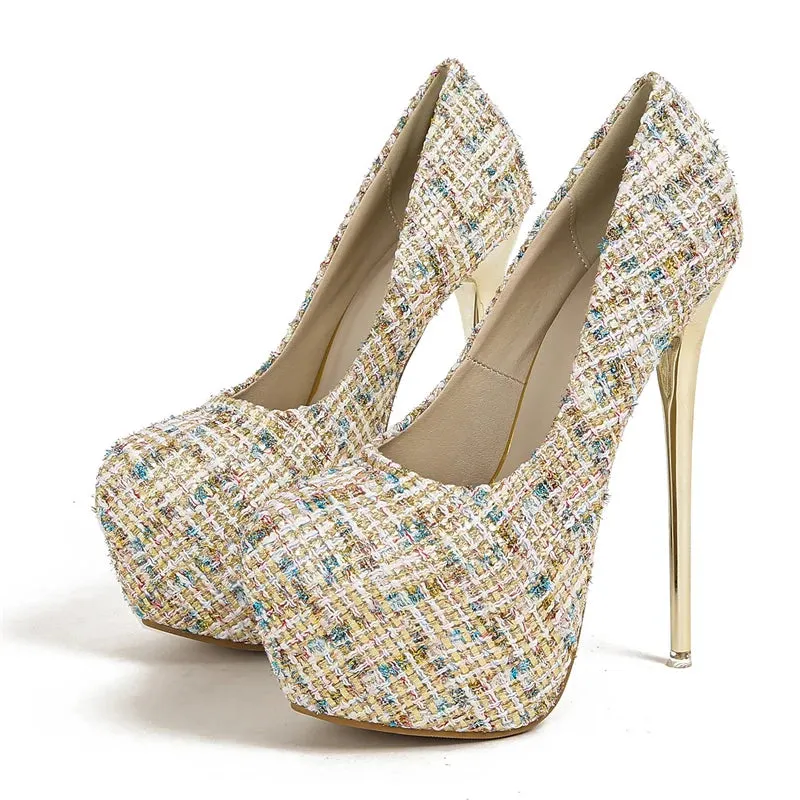 Liyke Spring Autumn Fashion Metal Stiletto High Heels Platform Pumps Sexy Thick Bottom Round Toe Wedding Shoes For Women Bride