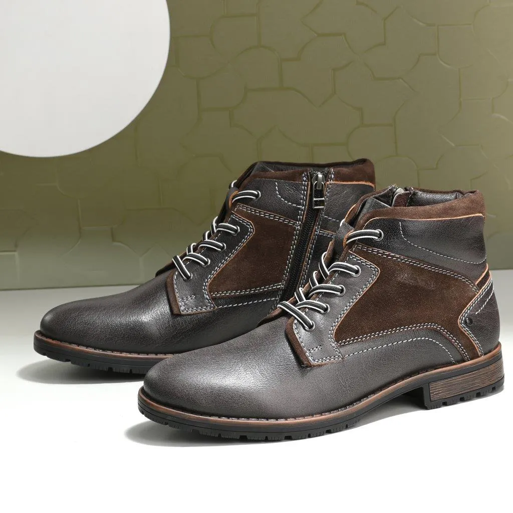 Men Premium Leather Grey Side Zipper & Lace-Up Boot (World-81)