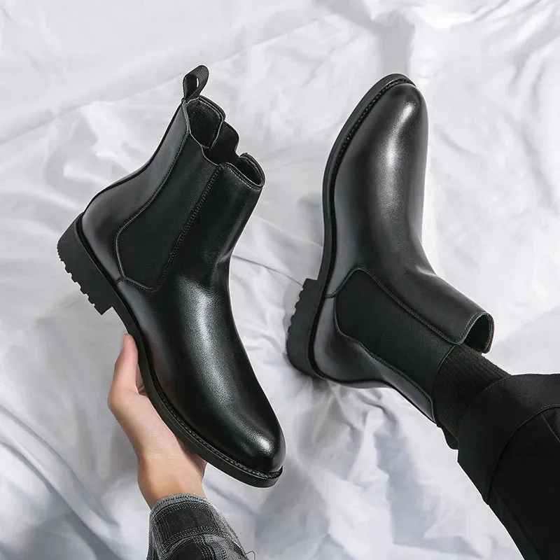 Men's British Style Chelsea Boots - Mid-Calf Dress Shoes, Formal Business Ankle Boots in Split Leather for Autumn