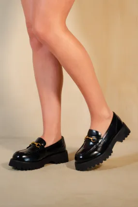 MURIEL CHUNKY SOLE SLIP ON LOAFERS WITH METAL DETAIL IN BLACK HIGH SHINE