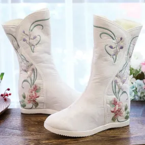 Retro flower embroidery plush lined mid calf boots | Inner wedge snow boots